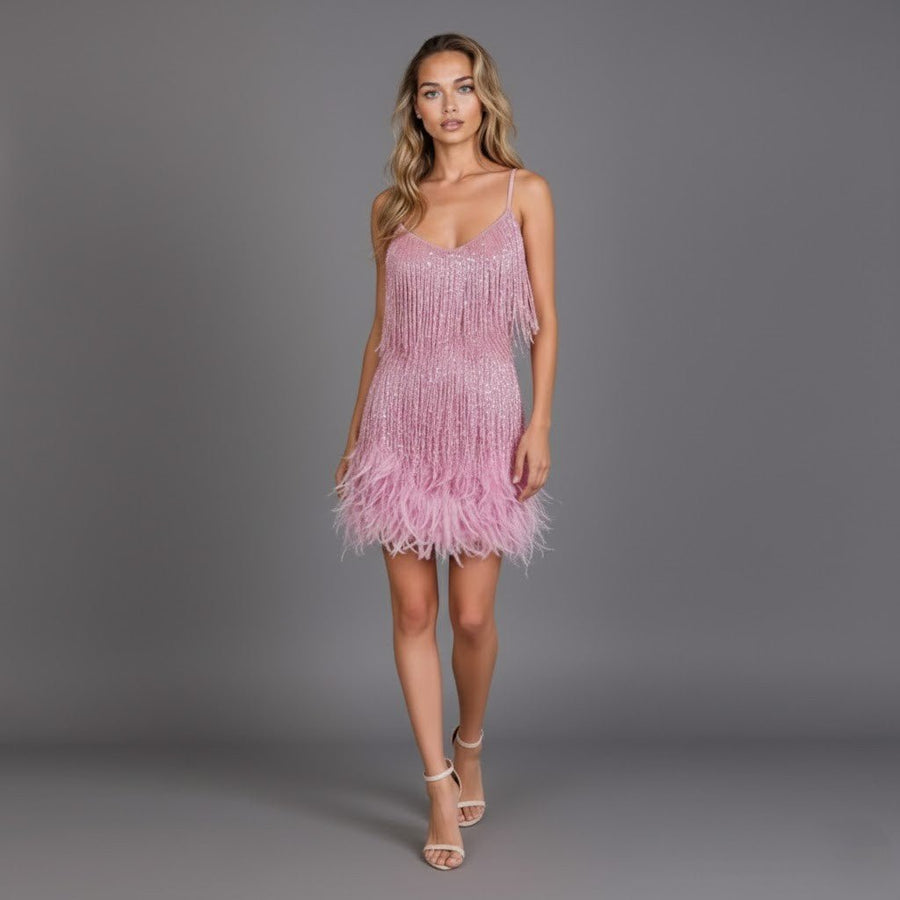 WOMEN'S FRINGE FEATHER MINI PARTY DRESS - Zarino Newstyle