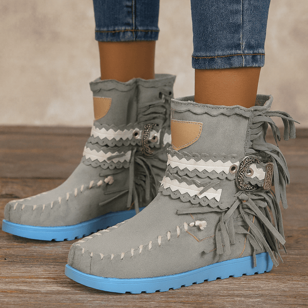 WOMEN'S FRINGE TRIM BOHO WESTERN ANKLE BOOTS