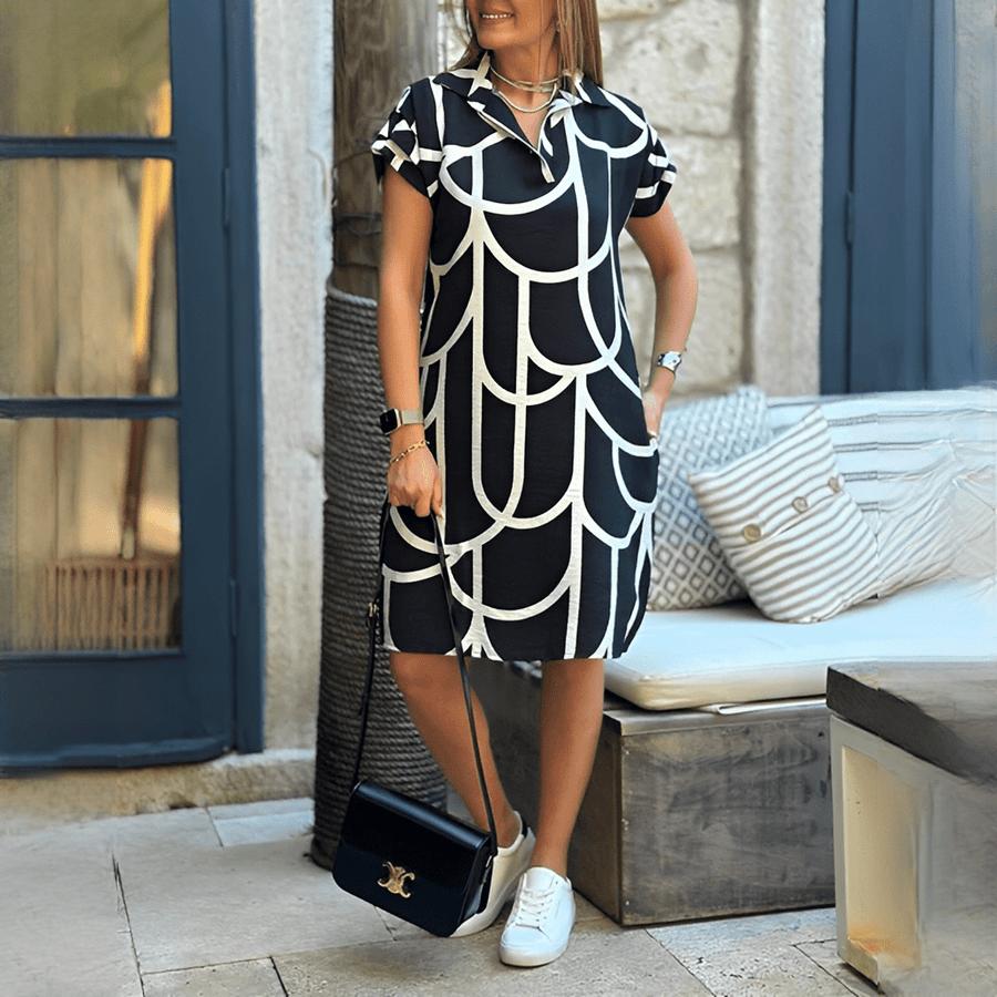 WOMEN'S GEOMETRIC PRINT V - NECK SUMMER MIDI DRESS - Zarino Newstyle