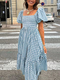 WOMEN'S GINGHAM PUFF SLEEVE SUMMER MIDI DRESS - Zarino Newstyle