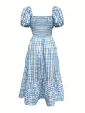 WOMEN'S GINGHAM PUFF SLEEVE SUMMER MIDI DRESS - Zarino Newstyle