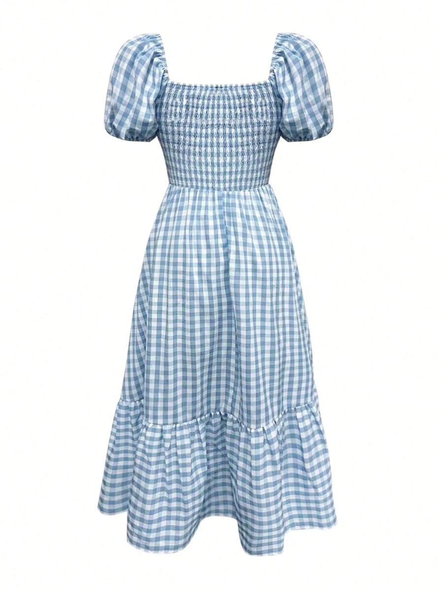 WOMEN'S GINGHAM PUFF SLEEVE SUMMER MIDI DRESS - Zarino Newstyle