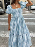 WOMEN'S GINGHAM PUFF SLEEVE SUMMER MIDI DRESS - Zarino Newstyle