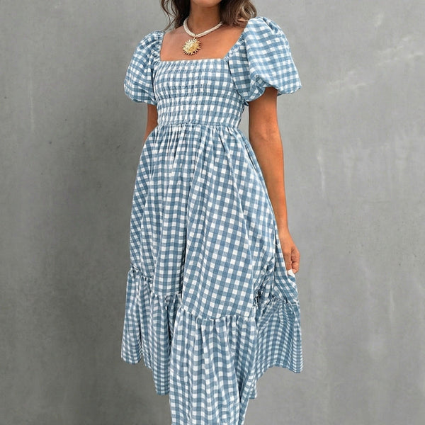 WOMEN'S GINGHAM PUFF SLEEVE SUMMER MIDI DRESS - Zarino Newstyle