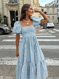 WOMEN'S GINGHAM PUFF SLEEVE SUMMER MIDI DRESS - Zarino Newstyle