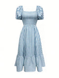 WOMEN'S GINGHAM PUFF SLEEVE SUMMER MIDI DRESS - Zarino Newstyle