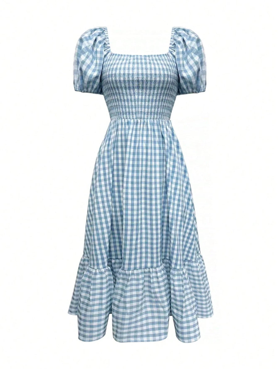 WOMEN'S GINGHAM PUFF SLEEVE SUMMER MIDI DRESS - Zarino Newstyle