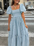 WOMEN'S GINGHAM PUFF SLEEVE SUMMER MIDI DRESS - Zarino Newstyle