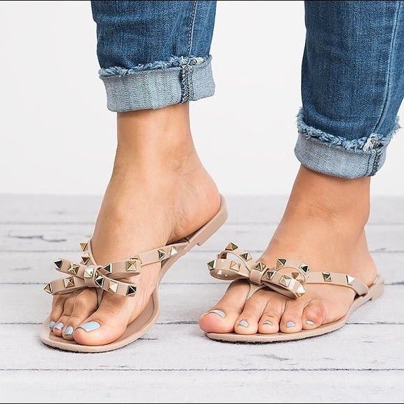 WOMEN'S GOLD STUDDED BOW SUMMER FLIP FLOPS - Zarino Newstyle