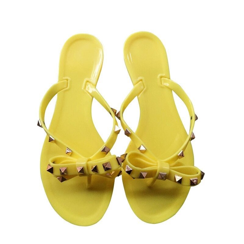 WOMEN'S GOLD STUDDED BOW SUMMER FLIP FLOPS - Zarino Newstyle
