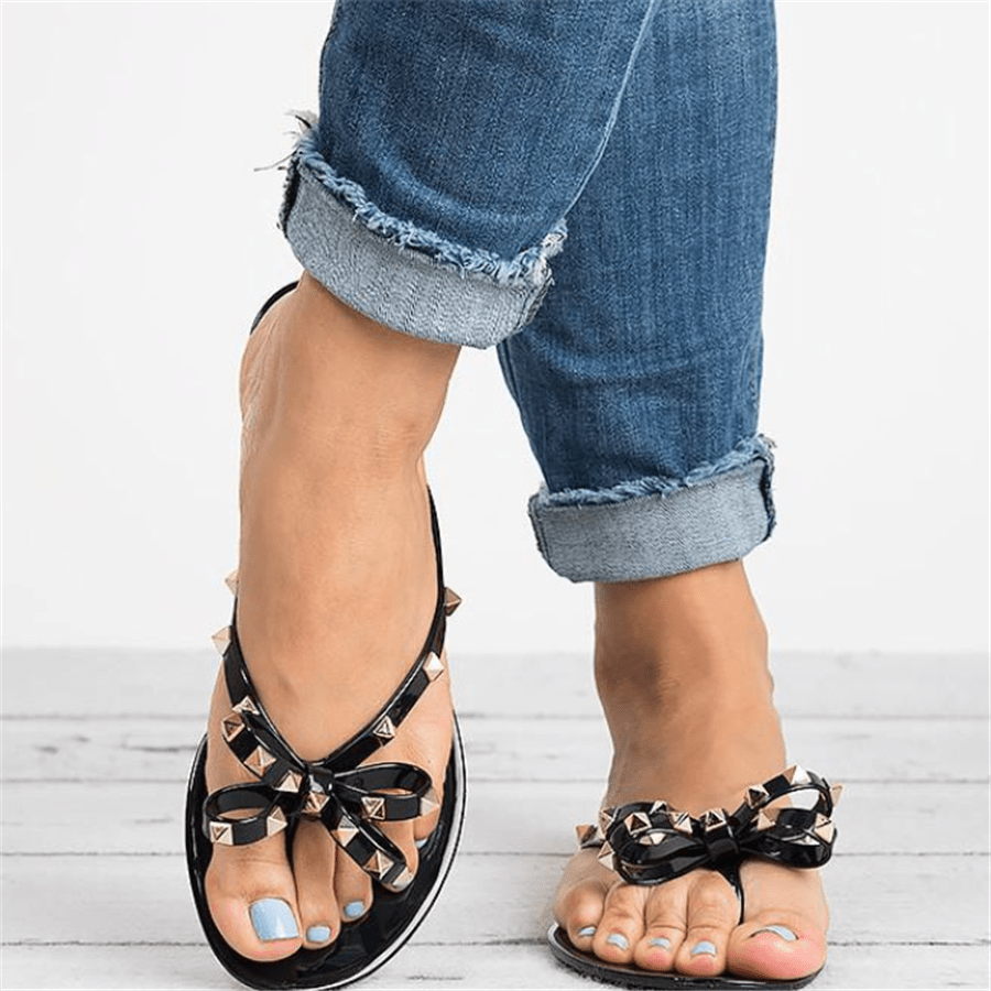 WOMEN'S GOLD STUDDED BOW SUMMER FLIP FLOPS - Zarino Newstyle