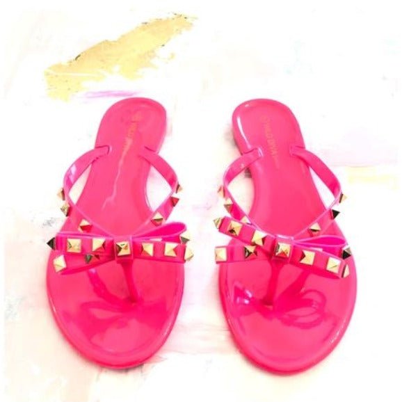 WOMEN'S GOLD STUDDED BOW SUMMER FLIP FLOPS - Zarino Newstyle