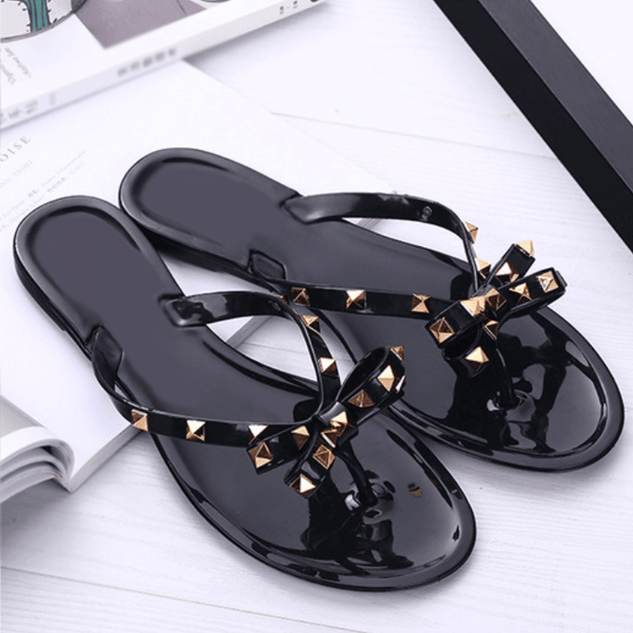 WOMEN'S GOLD STUDDED BOW SUMMER FLIP FLOPS - Zarino Newstyle