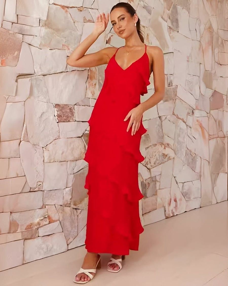 WOMEN'S HALTER NECK RUFFLE FLOWING SUMMER MAXI DRESS - Zarino Newstyle
