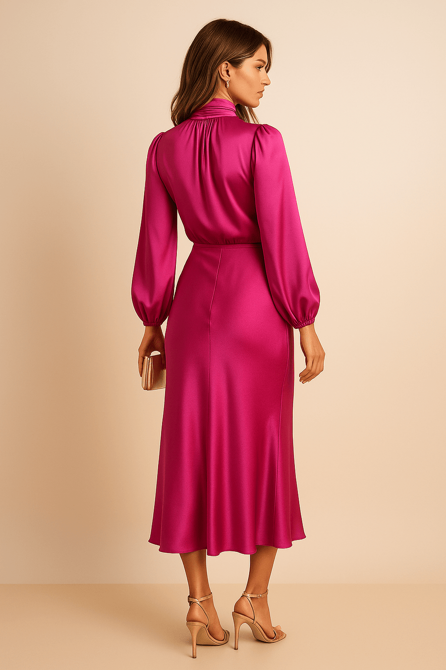 WOMEN'S HIGH NECK SATIN MIDI DRESS - Zarino Newstyle