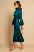 WOMEN'S HIGH NECK SATIN MIDI DRESS - Zarino Newstyle