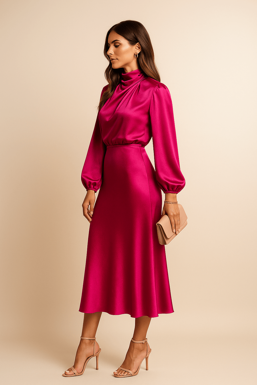 WOMEN'S HIGH NECK SATIN MIDI DRESS - Zarino Newstyle