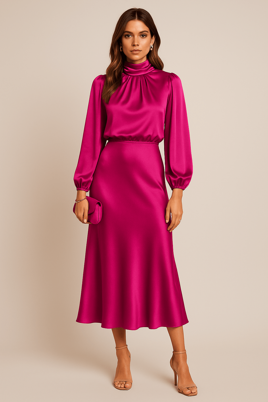 WOMEN'S HIGH NECK SATIN MIDI DRESS - Zarino Newstyle