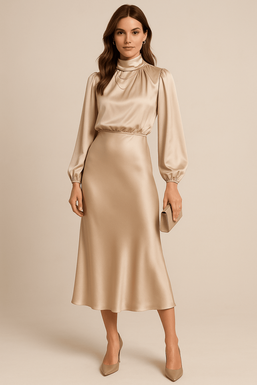 WOMEN'S HIGH NECK SATIN MIDI DRESS - Zarino Newstyle