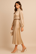 WOMEN'S HIGH NECK SATIN MIDI DRESS - Zarino Newstyle