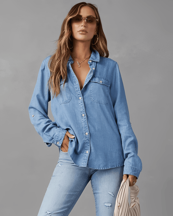 WOMEN'S LONG SLEEVE DENIM BUTTON-DOWN SUMMER SHIRT