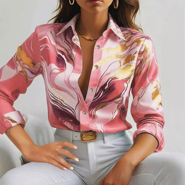 WOMEN'S MARBLE SWIRL PRINT SUMMER BUTTON-UP BLOUSE
