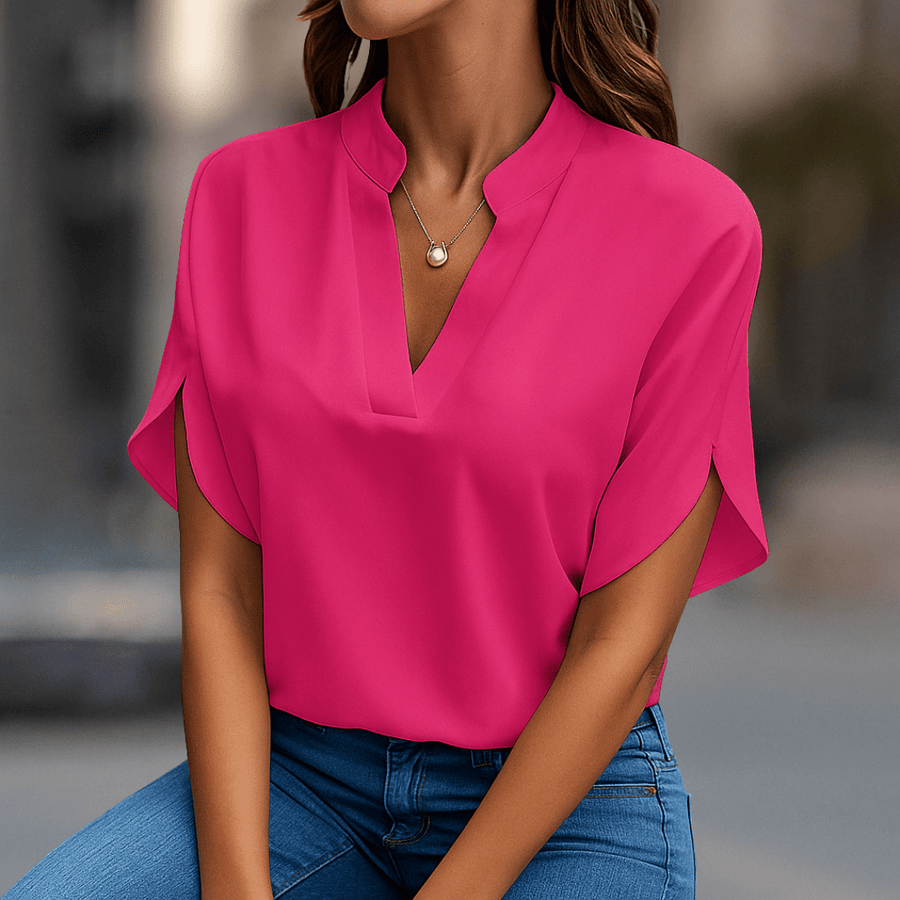 WOMEN'S NOTCHED V - NECK SHORT SLEEVE SUMMER BLOUSE - Zarino Newstyle