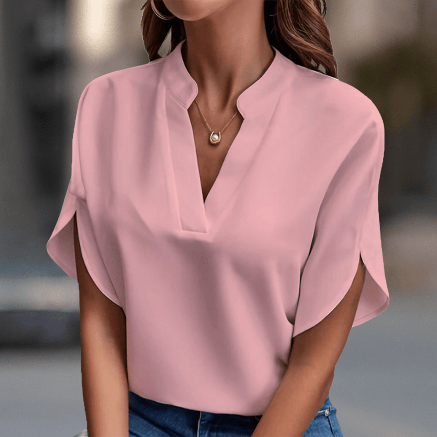 WOMEN'S NOTCHED V - NECK SHORT SLEEVE SUMMER BLOUSE - Zarino Newstyle