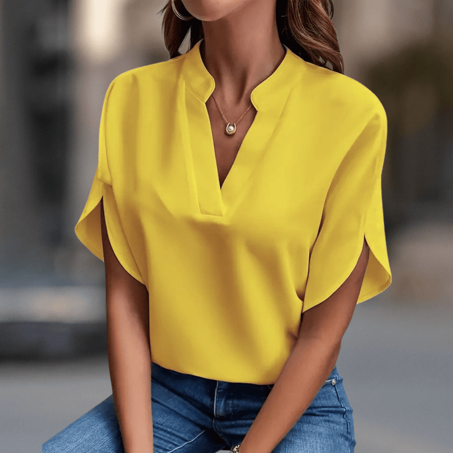 WOMEN'S NOTCHED V - NECK SHORT SLEEVE SUMMER BLOUSE - Zarino Newstyle