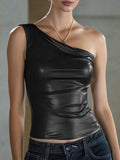 WOMEN'S ONE SHOULDER FAUX LEATHER ASYMMETRIC TOP - Zarino Newstyle