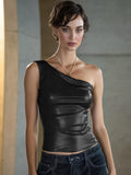 WOMEN'S ONE SHOULDER FAUX LEATHER ASYMMETRIC TOP - Zarino Newstyle