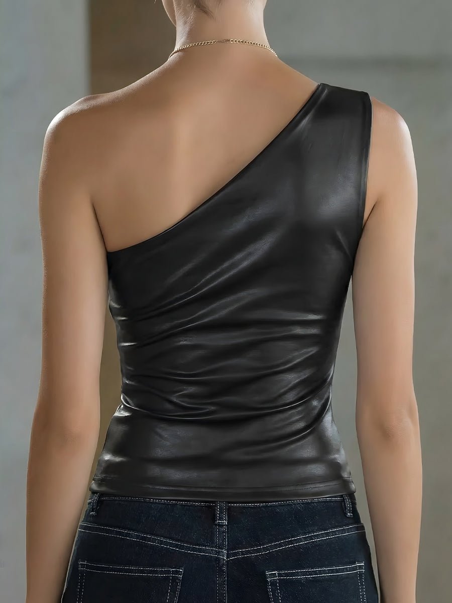 WOMEN'S ONE SHOULDER FAUX LEATHER ASYMMETRIC TOP - Zarino Newstyle