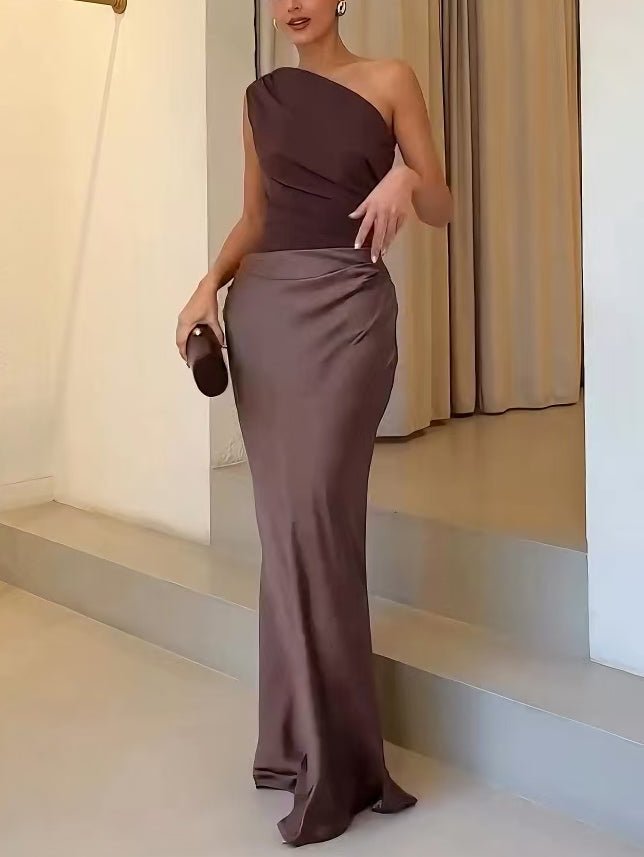 WOMEN'S ONE SHOULDER PLEATED SUMMER MAXI DRESS - Zarino Newstyle
