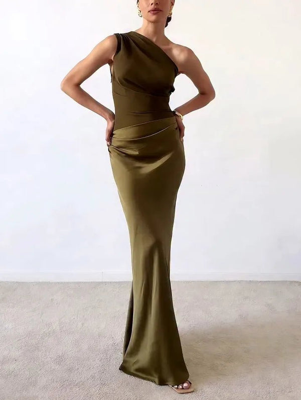 WOMEN'S ONE SHOULDER PLEATED SUMMER MAXI DRESS