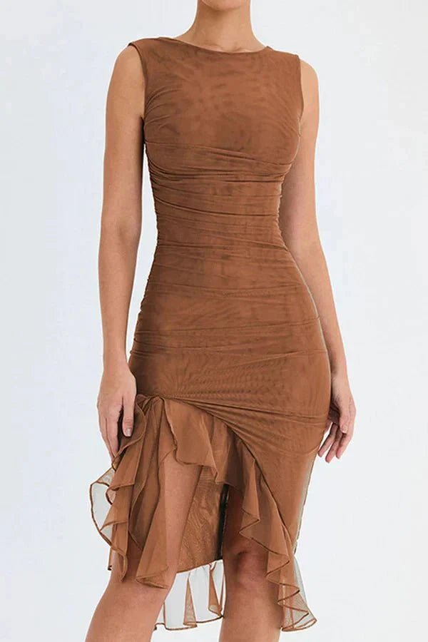 WOMEN'S RUCHED SLEEVELESS MIDI DRESS - Zarino Newstyle