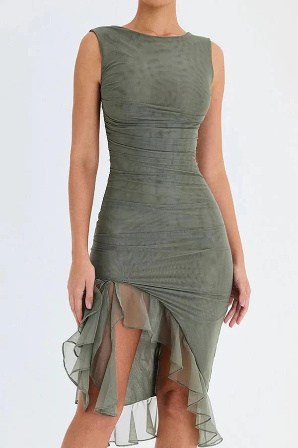 WOMEN'S RUCHED SLEEVELESS MIDI DRESS - Zarino Newstyle