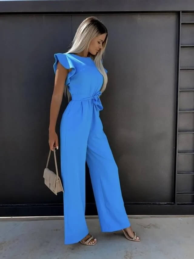WOMEN'S RUFFLE SHOULDER BELTED WIDE LEG SUMMER JUMPSUIT - Zarino Newstyle