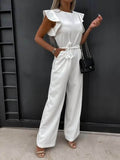 WOMEN'S RUFFLE SHOULDER BELTED WIDE LEG SUMMER JUMPSUIT - Zarino Newstyle