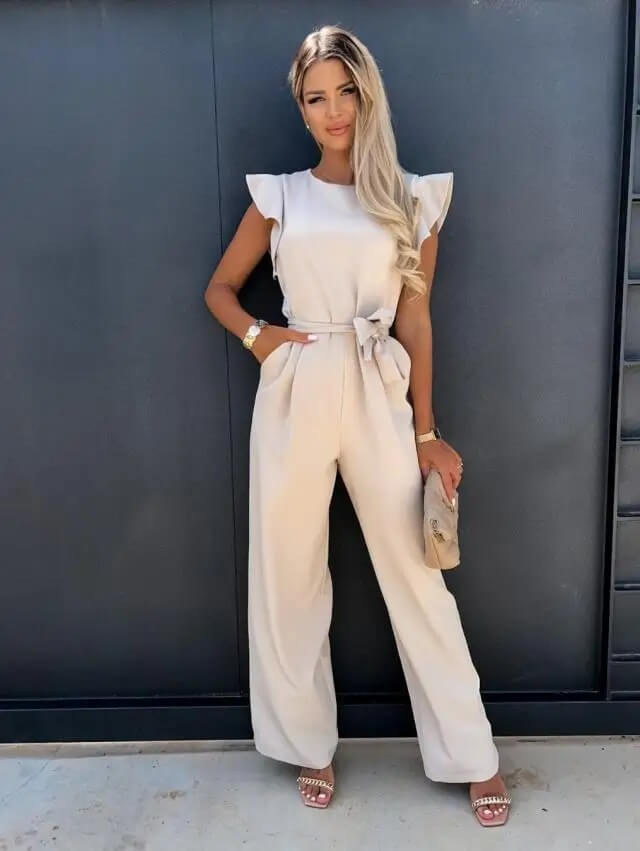 WOMEN'S RUFFLE SHOULDER BELTED WIDE LEG SUMMER JUMPSUIT - Zarino Newstyle