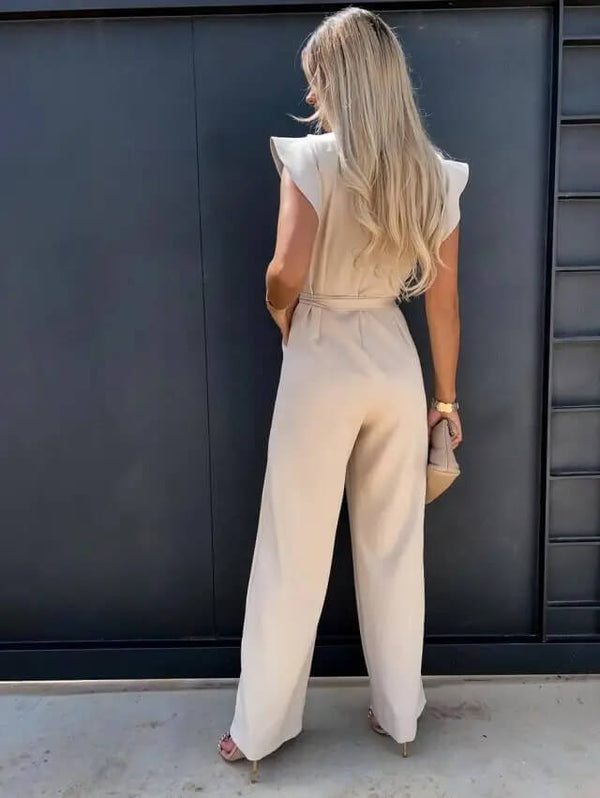 WOMEN'S RUFFLE SHOULDER BELTED WIDE LEG SUMMER JUMPSUIT
