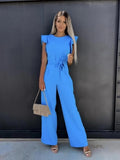 WOMEN'S RUFFLE SHOULDER BELTED WIDE LEG SUMMER JUMPSUIT - Zarino Newstyle