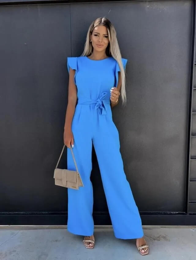 WOMEN'S RUFFLE SHOULDER BELTED WIDE LEG SUMMER JUMPSUIT - Zarino Newstyle