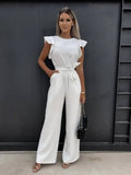 WOMEN'S RUFFLE SHOULDER BELTED WIDE LEG SUMMER JUMPSUIT - Zarino Newstyle