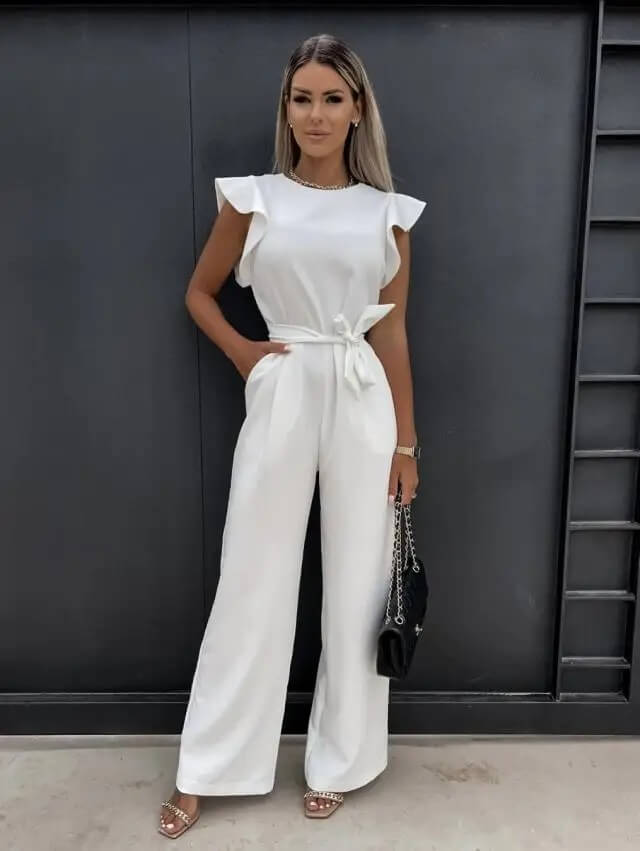 WOMEN'S RUFFLE SHOULDER BELTED WIDE LEG SUMMER JUMPSUIT - Zarino Newstyle