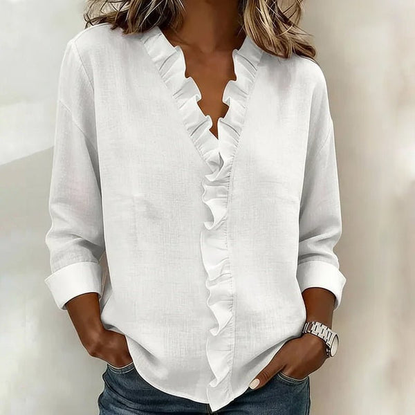 WOMEN'S RUFFLE TRIM V-NECK CASUAL BLOUSE