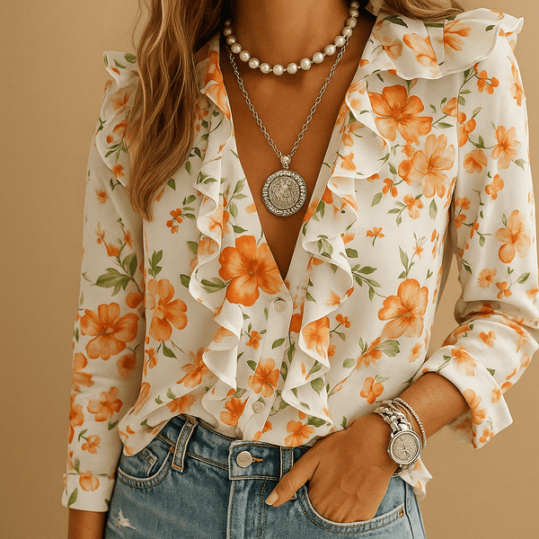 WOMEN'S RUFFLE V - NECK FLORAL LONG SLEEVE SUMMER BLOUSE - Zarino Newstyle
