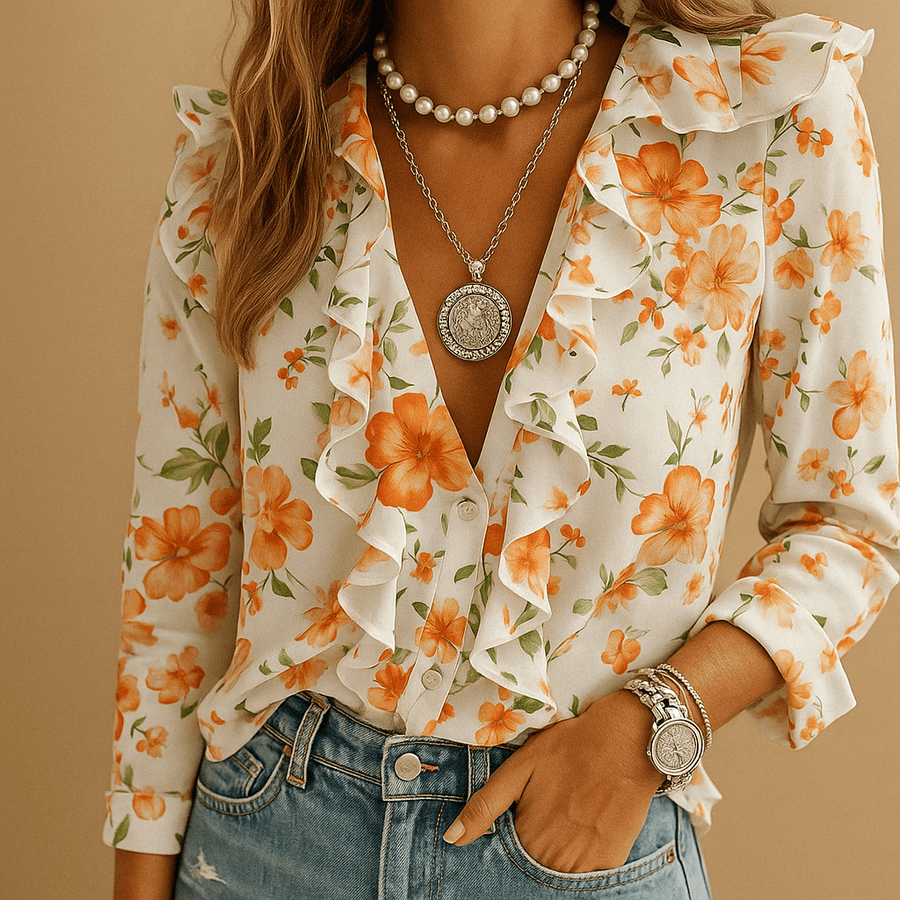 WOMEN'S RUFFLE V - NECK FLORAL LONG SLEEVE SUMMER BLOUSE - Zarino Newstyle