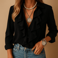 WOMEN'S RUFFLE V - NECK FLORAL LONG SLEEVE SUMMER BLOUSE - Zarino Newstyle