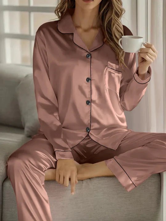 WOMEN'S SATIN BUTTON - UP LONG SLEEVE PAJAMA SET LUXURY - Zarino Newstyle