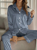 WOMEN'S SATIN BUTTON - UP LONG SLEEVE PAJAMA SET LUXURY - Zarino Newstyle
